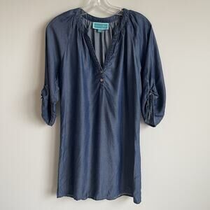 Southern Frock Chambray Shift Mini Dress 3/4 Tie Sleeves Size Small Preppy